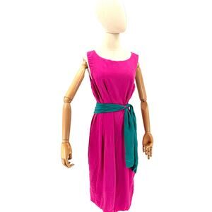 Vintage 80s Handmade Pink Turquoise 100% Silk Colorblock Reversible Sash Dress